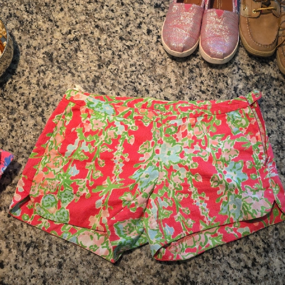 Lilly Pulitzer Pink and Green Bermuda Shorts Vibrant Tropical Print